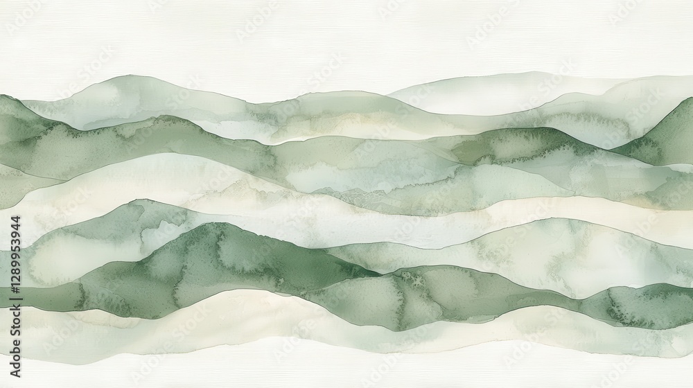 Obraz premium A tranquil landscape unfolds in shades of green, where watercolor mountains gently fade into a serene white background, evoking a sense of peace and tranquility, ideal for wall art or as a calming 