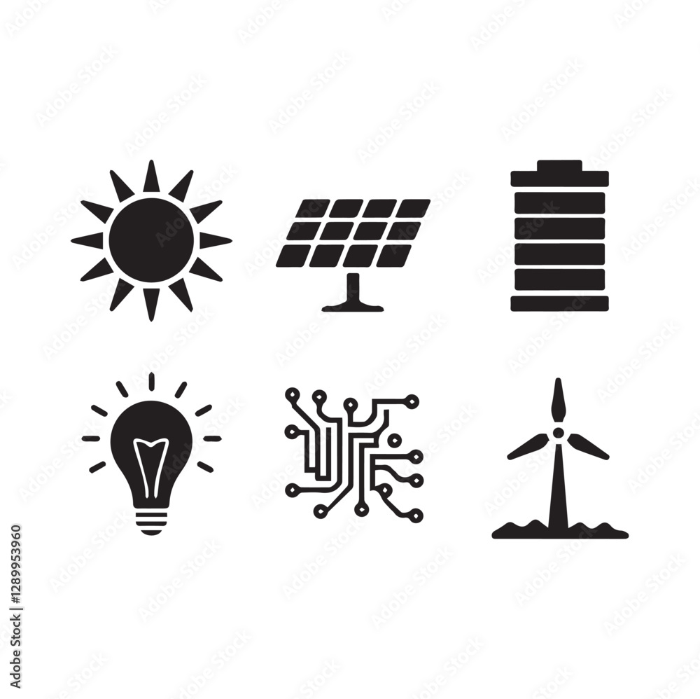 Fototapeta premium Solar Power Icons Different 6 Silhouette Vector on a White Background