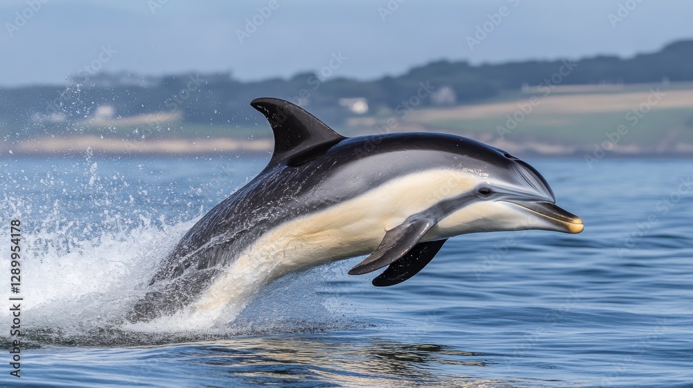 Fototapeta premium Playful Dolphin Jumping out of Clear Ocean Water in a Sunny Day