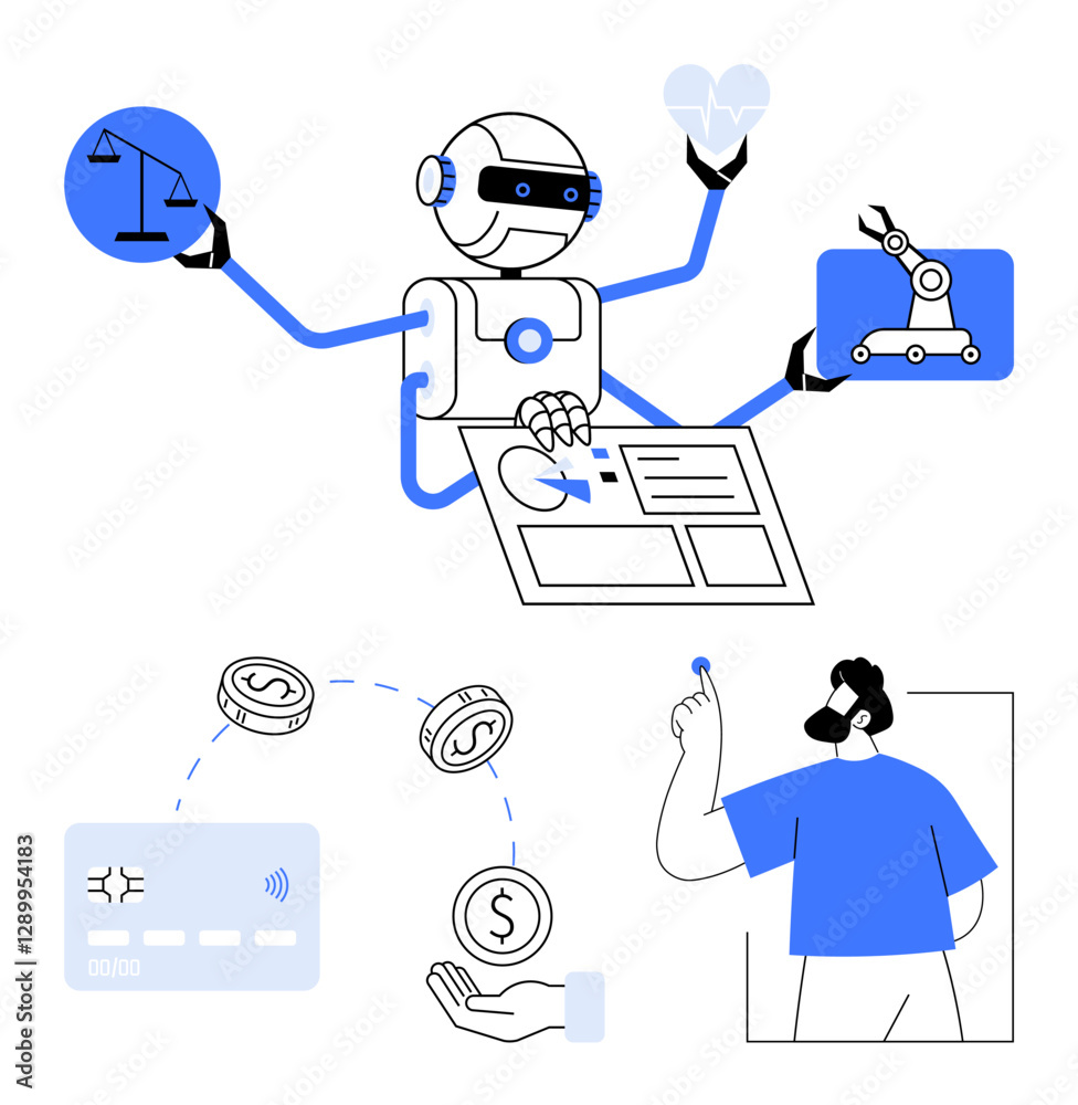 Robot balancing scales, hearts, and factory automation, using a touch screen, managing financial transactions, interacting with human. Ideal for technology, AI, finance healthcare robotics balance Robot balancing scales, hearts, and factory automation, using a touch screen, managing financial transactions, interacting with human. Ideal for technology, AI, finance healthcare robotics balance