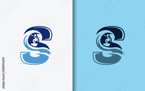 A minimalist logo featuring the letter S seamlessly combined with a surfer, perfect for surf brands and water sports businesses.