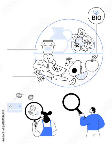 Researchers analyzing organic food using magnifying glasses. Top circle features vegetables, fruits, dairy, and meat. Ideal for food quality, inspection, organic products, health nutrition