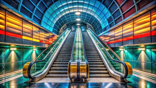 Fototapeta Naklejka Na Ścianę i Meble -  Modern Subway Escalator at Jungfernstieg Station - Urban Transit Architecture and Design with Copy Space for Text Overlay