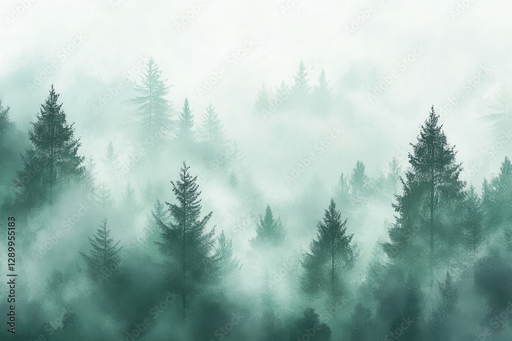 Fototapeta premium Misty Evergreen Forest Serene Coniferous Trees Silhouetted in Dense Fog.