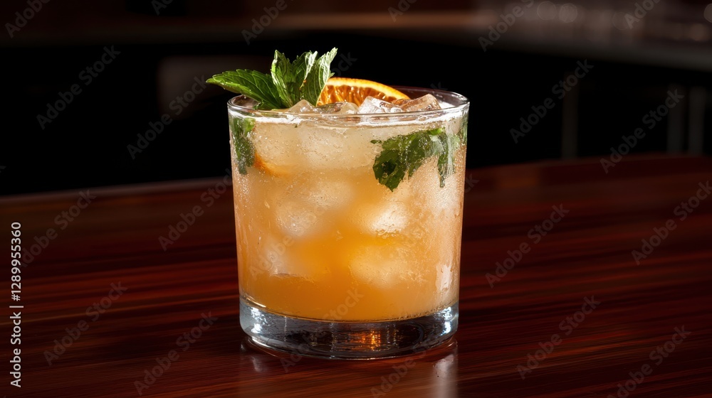 A refreshing cocktail served in a glass, garnished with mint and orange, filled with ice, showcasing a vibrant color against a dark background. A refreshing cocktail served in a glass, garnished with mint and orange, filled with ice, showcasing a vibrant color against a dark background.