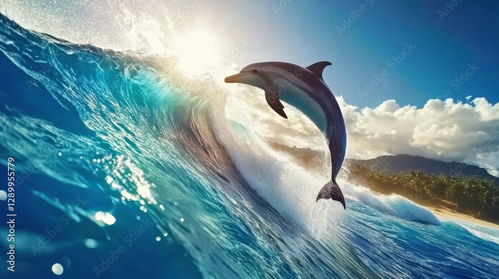 Fototapeta premium Dolphin Jumping Over Waves Under Bright Sunlight with Clouds