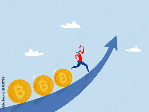 Businessman investor Bitcoin , Fund manager holding flag lead money coins running up rising graph, Profit and earning, stock market growth vector