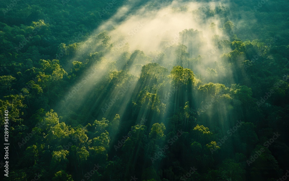 Obraz premium Majestic Sunbeams Piercing Through a Dense Misty Forest Canopy
