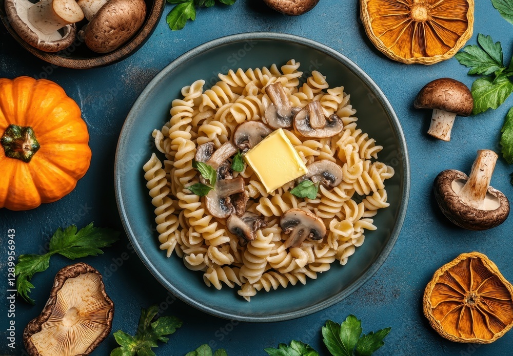Fototapeta premium Creamy Pasta with Mushrooms and Butter Surrounded by Pumpkin, Dried Fruits, and Fresh Greens on a Blue Wooden Tabletop
