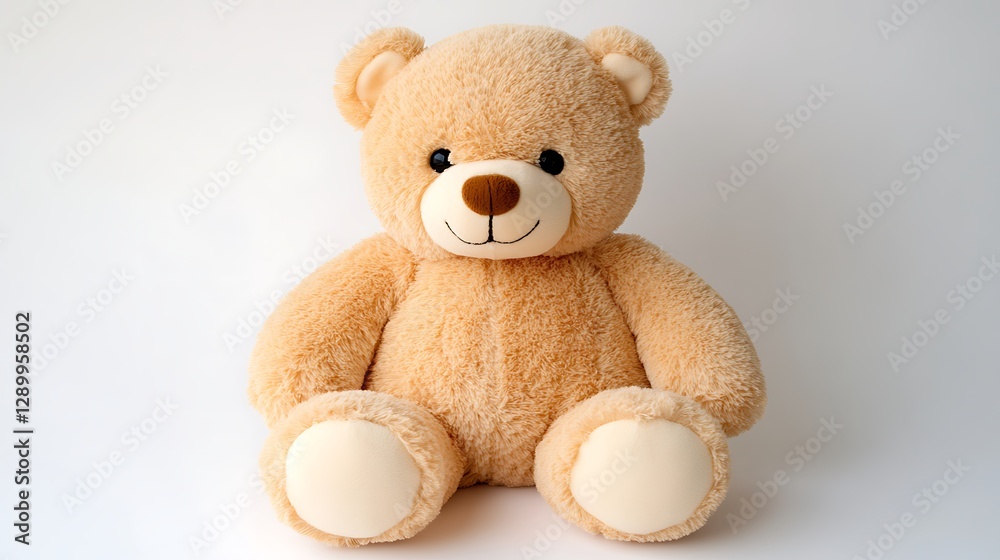 Fototapeta premium Beige teddy bear seated against white background