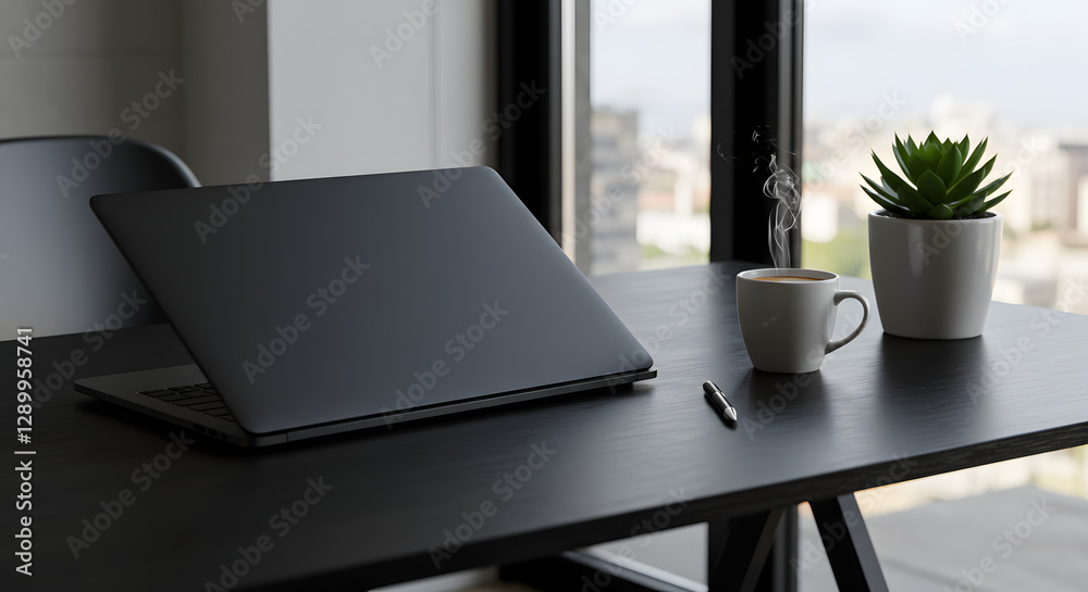 Fototapeta premium Laptop on Desk with Coffee, Plant and City View Background