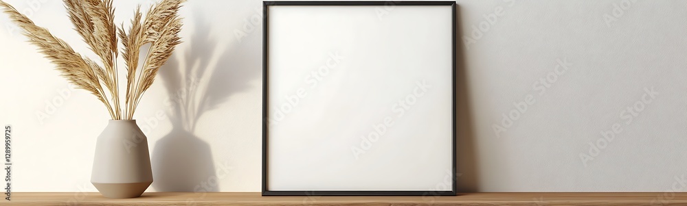 Blank frame on a wooden table with decorative vase and dried plants against a textured wall. Blank frame on a wooden table with decorative vase and dried plants against a textured wall.