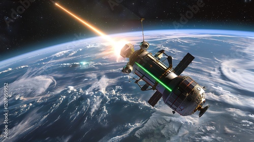 Wallpaper Mural Space Station Orbiting Earth with Laser Beam Displaying Futuristic Technology and Exploration Torontodigital.ca