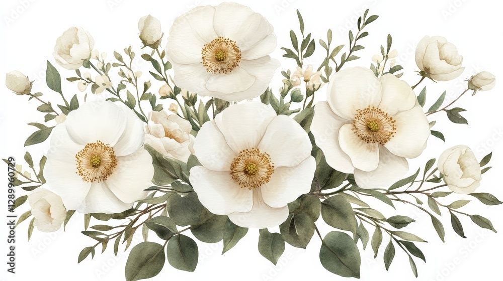 A delicate arrangement of white flowers with greenery, ideal for decoration or design. A delicate arrangement of white flowers with greenery, ideal for decoration or design.