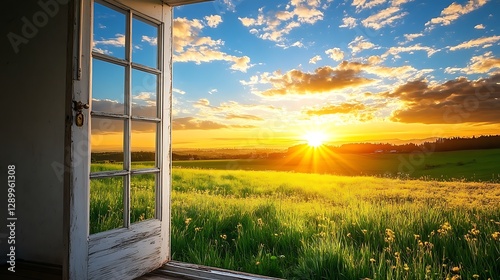 Sunset view from open door, field