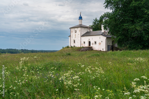 Saint Nicholas Church in Gorodishche  (Nikolskaya church) on Truvorovo Gorodishche on a sunny summer day, Izborsk, Pskov region, Russia photo