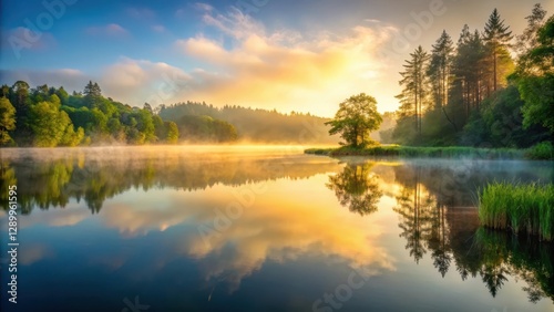 Soft light of morning casts a serene glow on the calm lake surface