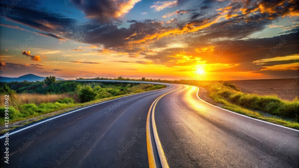 Serpentine Road at Sunset, evening horizon, highway curve, evening horizon Serpentine Road at Sunset, evening horizon, highway curve, evening horizon