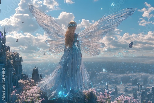 Ethereal Fairy Floating in a Futuristic Cityscape Landscape