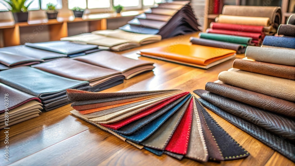 Obraz premium Leather fabric samples array on table for crafting with different textures and colors displayed in a organized manner, color