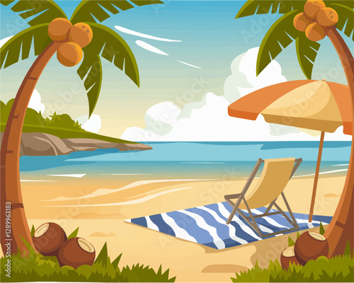 Relaxing coastal scene with striped beach towel sunshade and coconut palms by the sea
