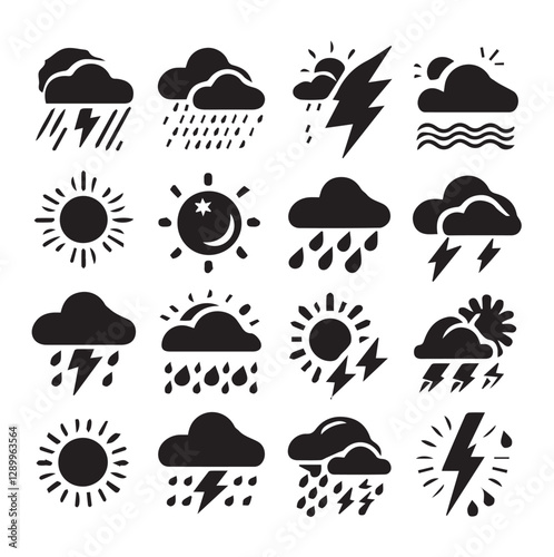 Weather Symbols (Cloud, Rain, Sun) Silhouette Vector on a White Background
