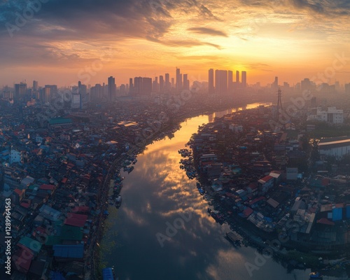 Manila Sunrise Aerial View of the City Skyline, River, and Slums at Dawn, Philippines
