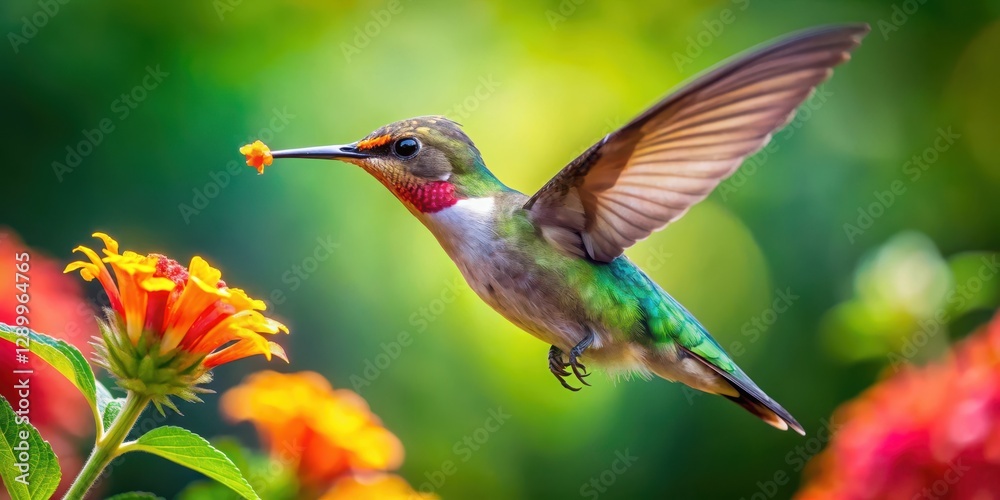 Fototapeta premium A stunning shot of a hummingbird's wings beating rapidly as it feeds on nectar from a brightly colored flower in a serene and peaceful garden setting, wing movement, colorful flowers