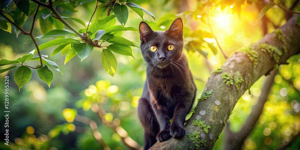 Adorable black cat ascending a tall tree branch amidst lush green foliage and vibrant sunlight filtering through leaves, nature, black cat climbing tree Adorable black cat ascending a tall tree branch amidst lush green foliage and vibrant sunlight filtering through leaves, nature, black cat climbing tree
