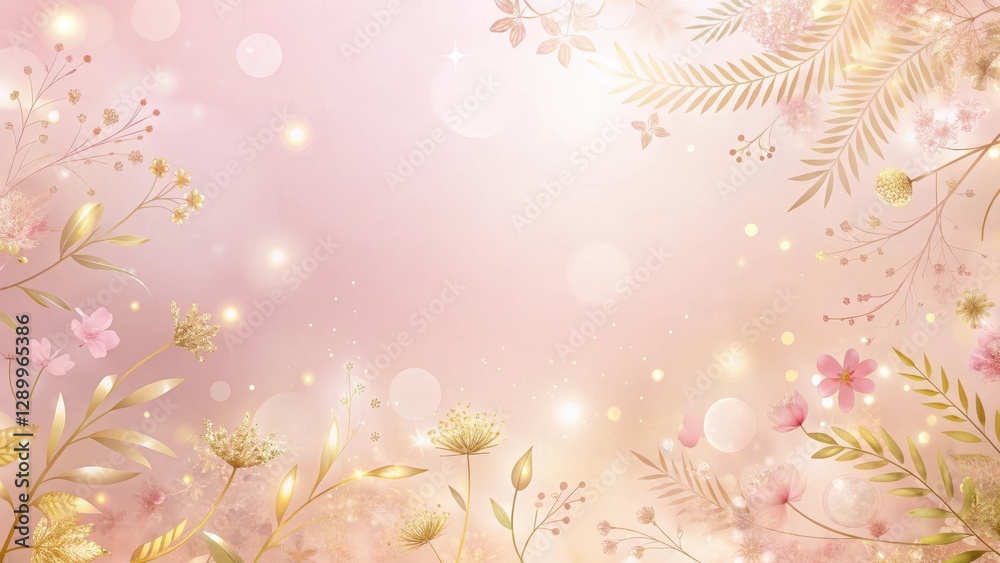 Soft pink gradient background with scattered glitter gold accents and delicate floral patterns in pastel shades, background Soft pink gradient background with scattered glitter gold accents and delicate floral patterns in pastel shades, background