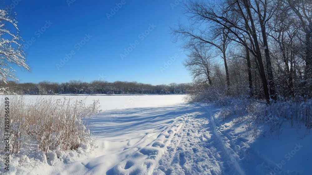 Serene Winter Landscape Snowy Path Leading to a Frozen Lake under a Clear Blue Sky. Serene Winter Landscape Snowy Path Leading to a Frozen Lake under a Clear Blue Sky.