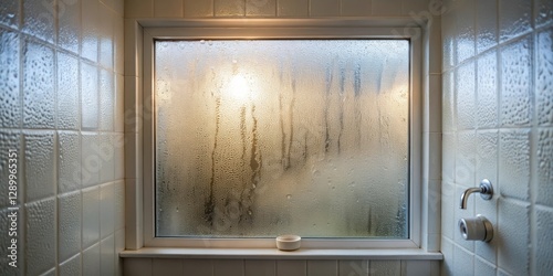 A bathroom mirror covered in a layer of condensation, reflecting soft natural light that creates a hazy and dreamy effect, misty, bathroom decor