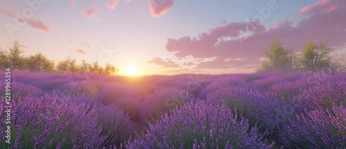 Serene Lavender Field at Sunset A Tranquil Purple Landscape with Golden Hour Light