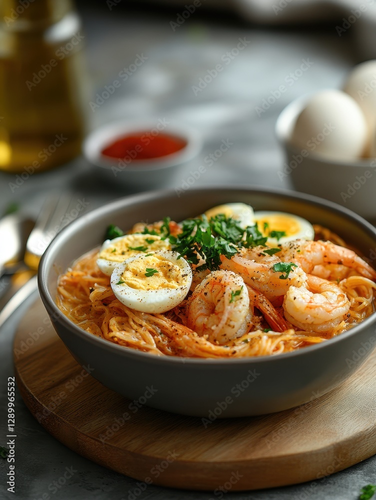 Delicious shrimp pasta dish with boiled egg and fresh herbs served in a stylish bowl on wooden board, culinary delights for food lovers and chefs Delicious shrimp pasta dish with boiled egg and fresh herbs served in a stylish bowl on wooden board, culinary delights for food lovers and chefs