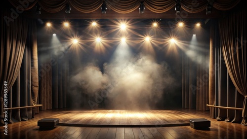 A darkened theatre with a single spotlight shining down on an empty stage amidst a swirling mist of smoke, dimly lit