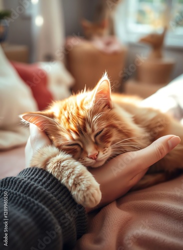 an image of a cat sleeping on a persons hand on a bed, there is a cat that is sleeping on a person ' s hand photo