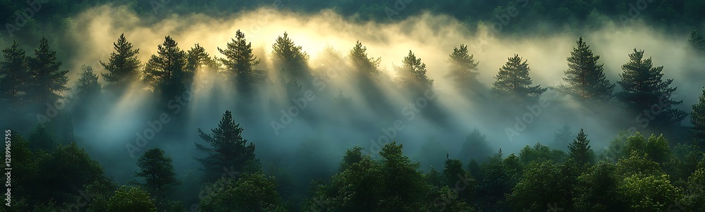 Obraz premium Misty forest with sunlight rays illuminating the trees, creating a serene atmosphere.
