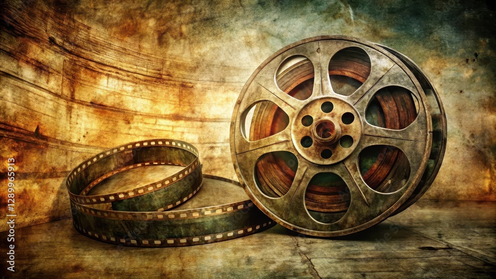 Obraz premium Detailed image of a worn, vintage film reel with faded, distressed film strips wrapped around it, revealing the aged texture and patina of the material , Vintage, Distressed Texture