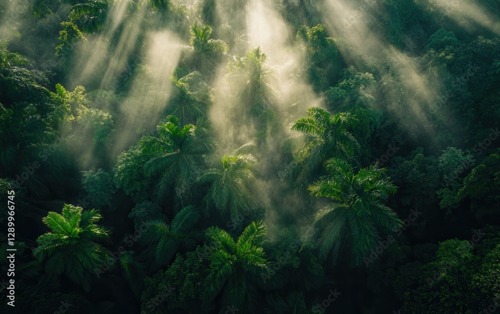 Obraz premium Mystical Jungle Canopy Sunbeams Through Tropical Rainforest.