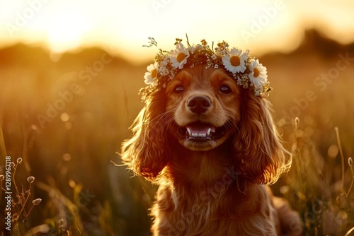 Vacation time happiness. Cute baby dog cocker spaniel wearing fierce flower circlet on its head. Golden hour in sunset. Happy dog in a flower field. Summer adventure with a dog.