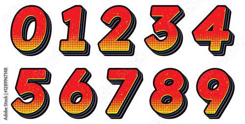 Pop Art 3D Number Set with Retro Comic Book Halftone Style