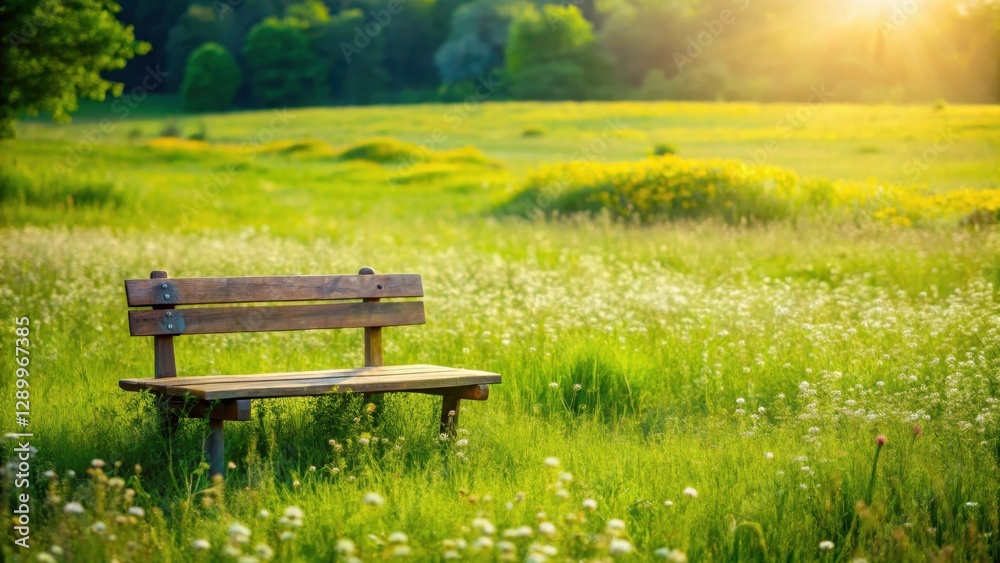 Obraz premium A lone wooden bench sits alone in a lush green grassy field on a sunny day with a few scattered wildflowers surrounding it , outdoor seating, peaceful landscape