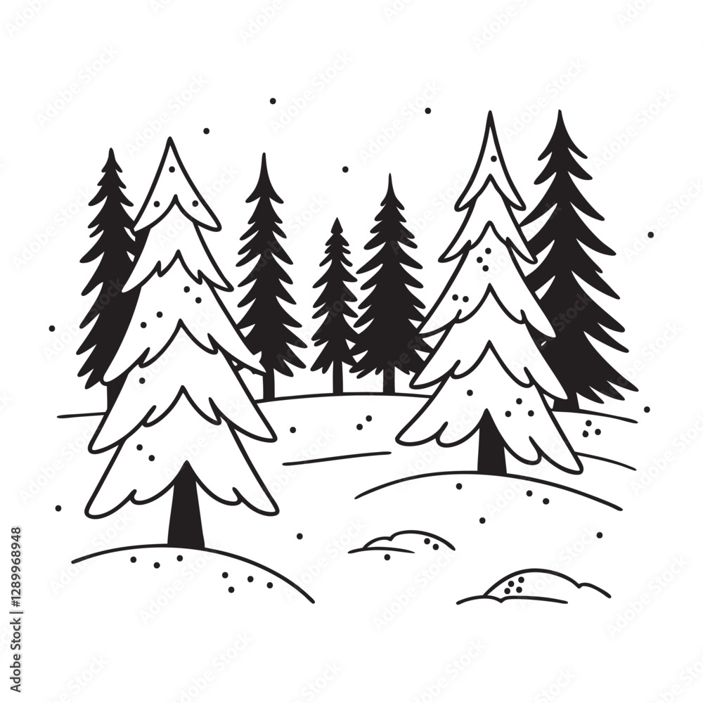 Fototapeta premium Forest Outline Pine Trees with Snowy Hills Scene