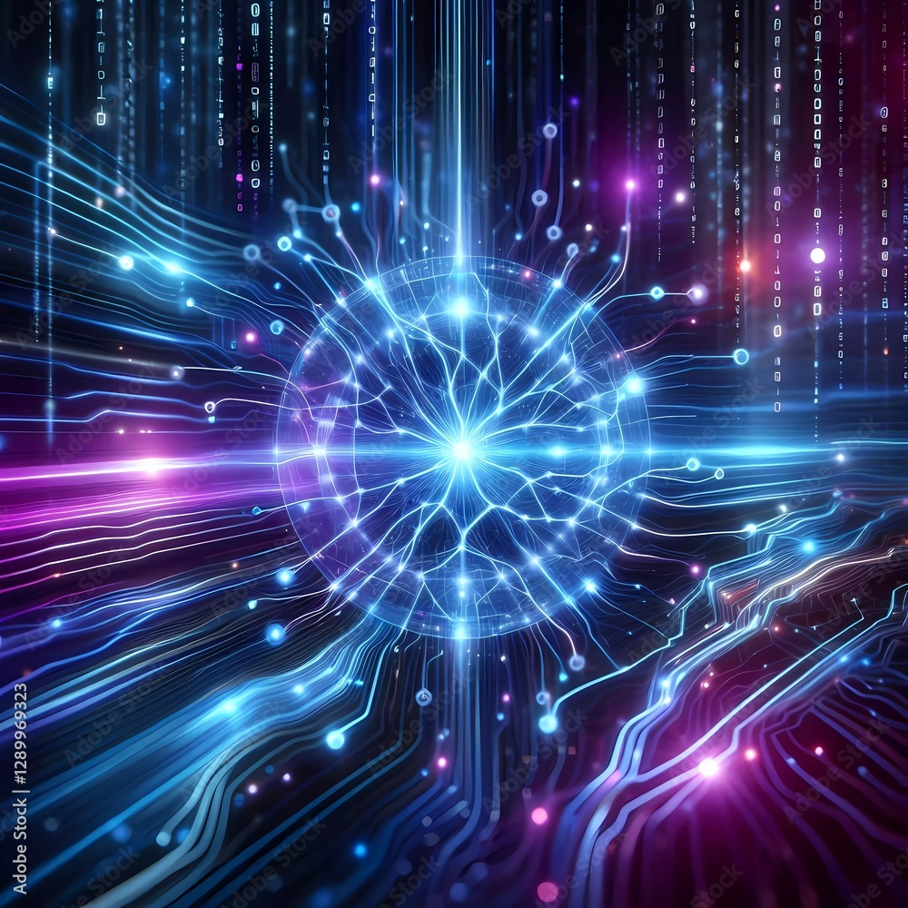 Obraz premium Futuristic abstract visualization digital background with glowing neutral networks interconnected nodes