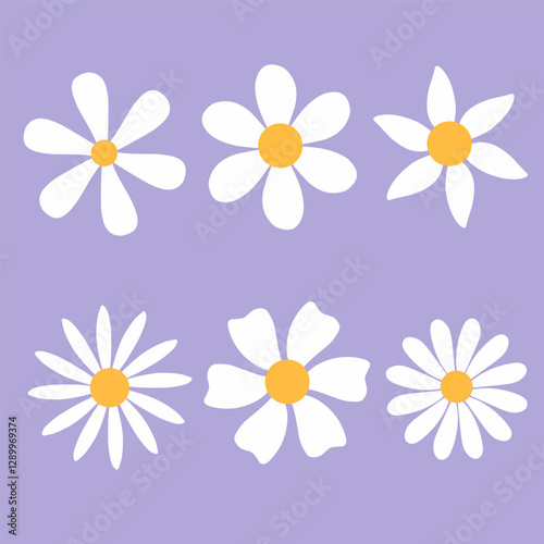 Set of daisy or camomile flower. Simple icon vector with purple background. Flat design illustration. 
