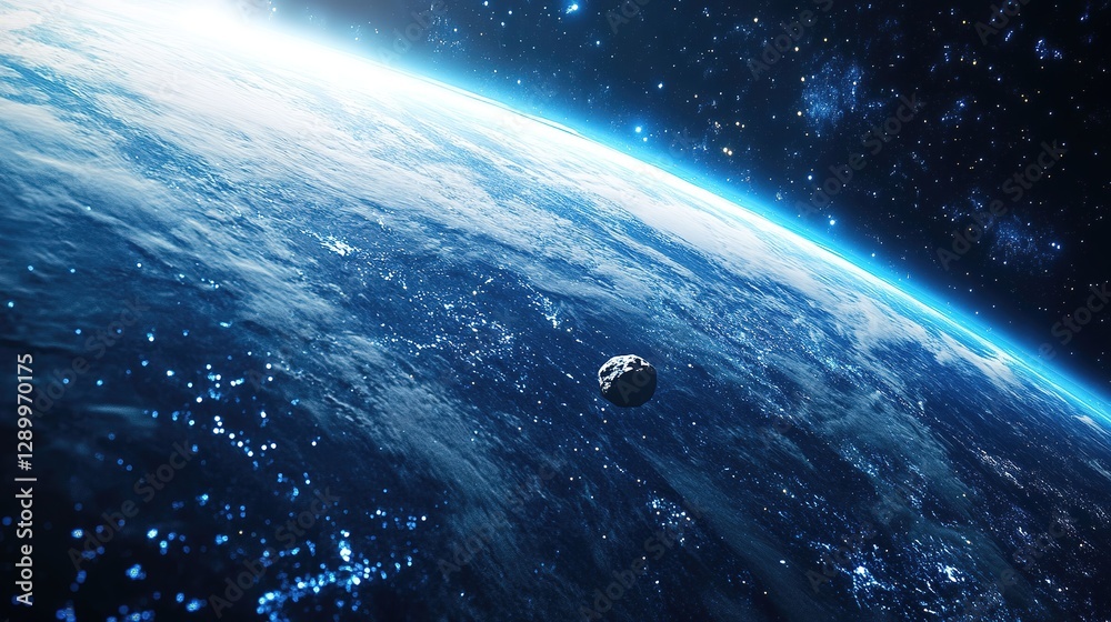 Fototapeta premium Asteroid with glowing path nears Earth, symbolizing cosmic threats and planetary vulnerability.