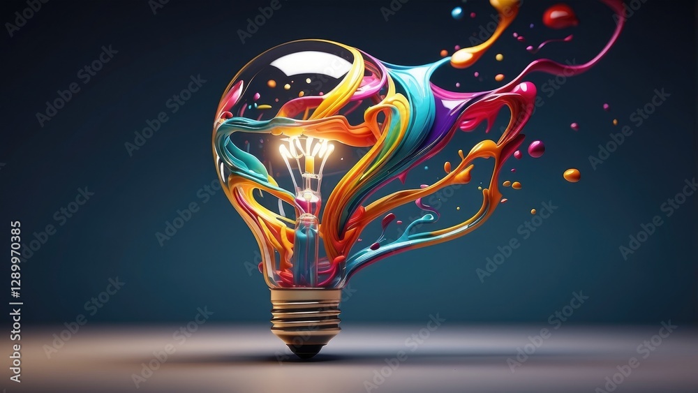 Colorful, abstract representation of a light bulb made of swirling paint in various vibrant colors Colorful, abstract representation of a light bulb made of swirling paint in various vibrant colors