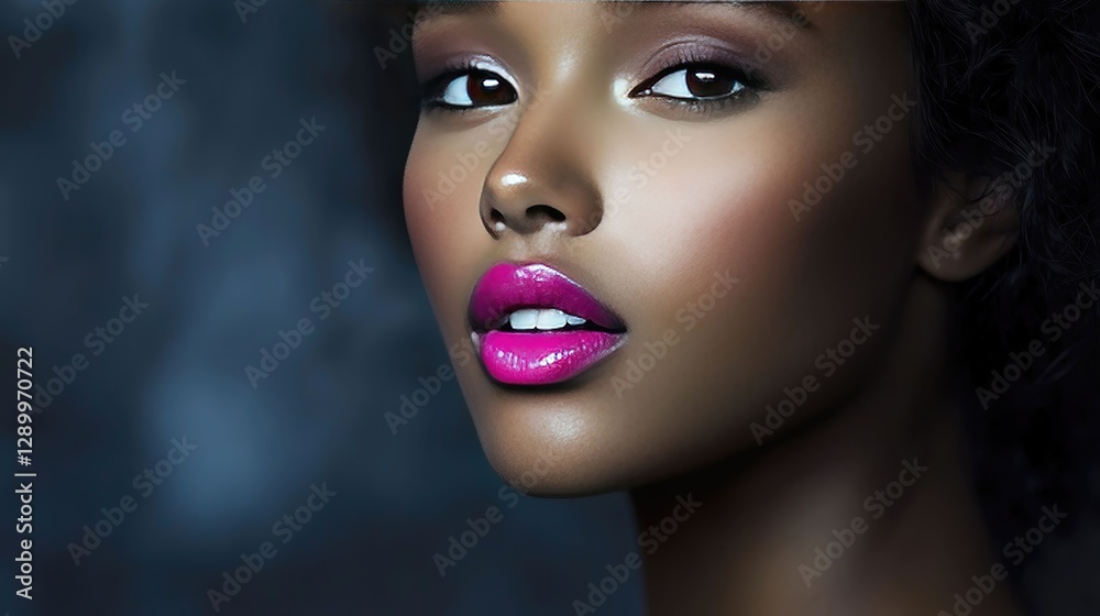 A model with vibrant pink lips, half-lit face, exuding bold elegance and mystery. A model with vibrant pink lips, half-lit face, exuding bold elegance and mystery.