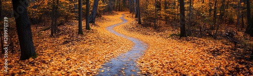 A winding path through a serene autumn forest covered in vibrant orange leaves.