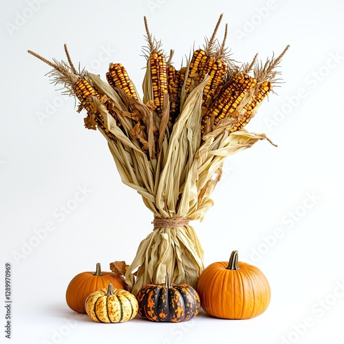 A crisp autumn scene with a bundle of dried corn stalks and a few decorative pumpkins placed against a plain white background  isolated on a white background  